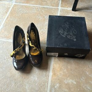 Unique brown and leopard print Naught Monkey heels